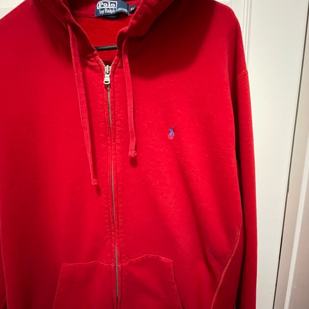 Vintage Men’s Polo by Ralph Lauren full-zip fleece hoodie in red, size XL.